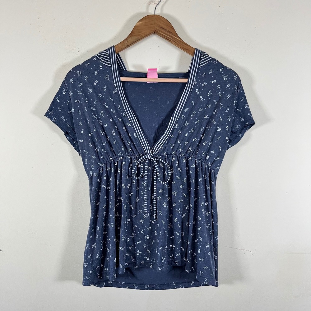 Vintage Y2K Angels Floral Babydoll Top Short Sleeve V-Neck Hooded Blue Bella XL